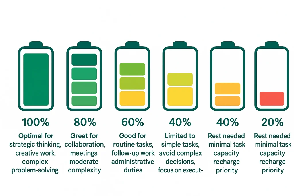 Battery level visualization showing five energy states from 100% to 20% with corresponding work capacity descriptions for hybrid team energy management