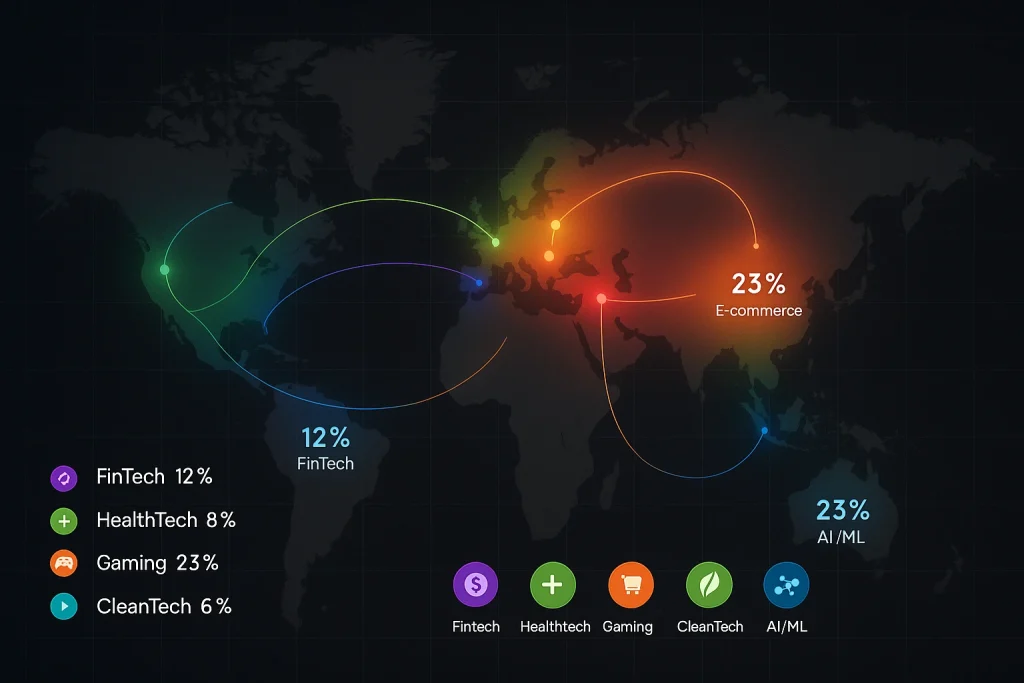 World map heat visualization showing concentration of technical expertise by industry and region with percentages of agencies having required domain knowledge
