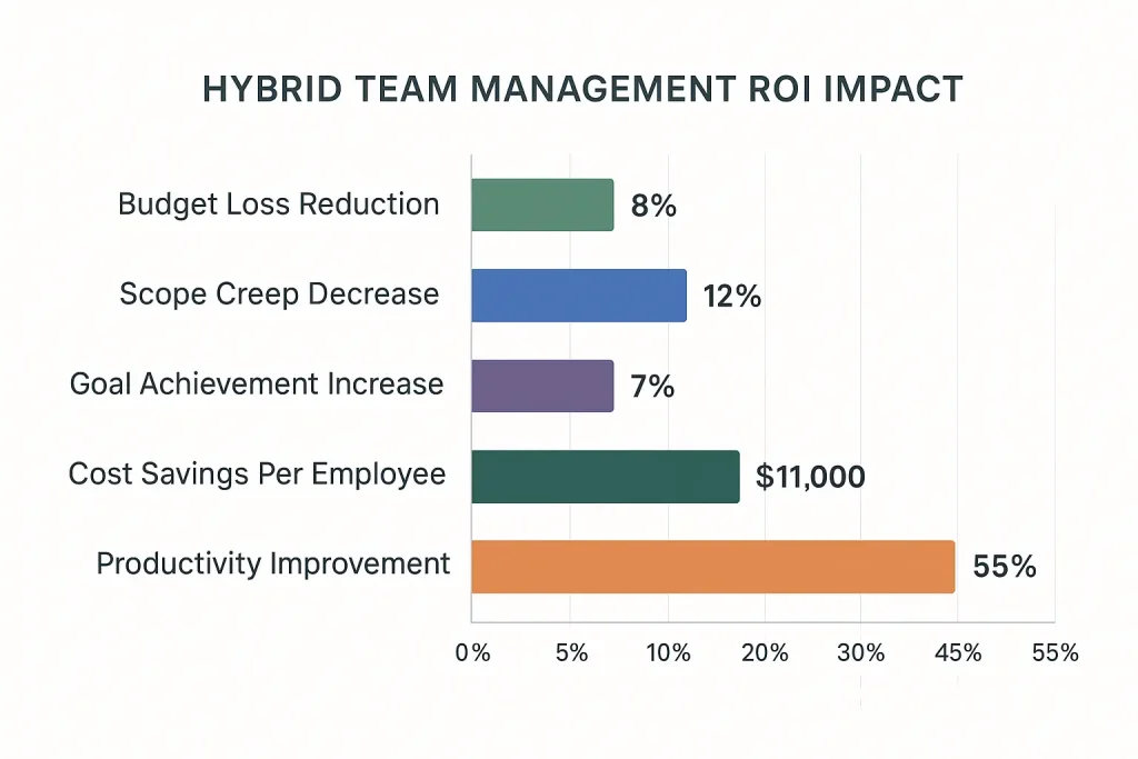 Bar chart showing hybrid team management impact: 8% budget loss reduction, 12% scope creep decrease, 7% goal achievement increase, $11,000 per employee cost savings, and 55% productivity improvements