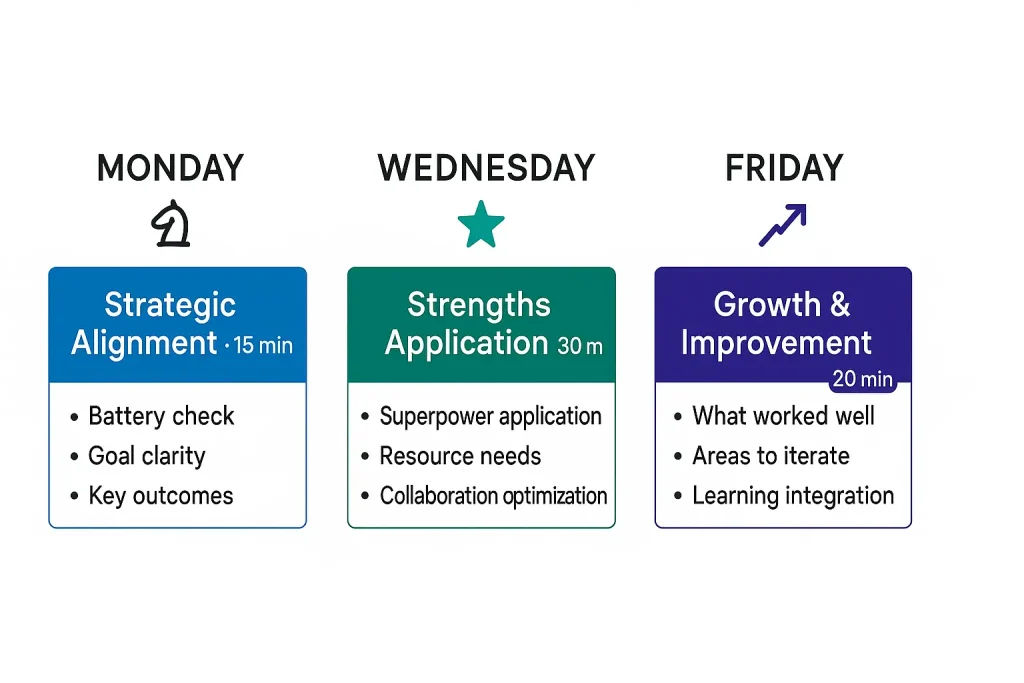 Weekly calendar template showing Monday strategic alignment 15 minutes, Wednesday strengths application 30 minutes, Friday growth review 20 minutes for hybrid team management system
