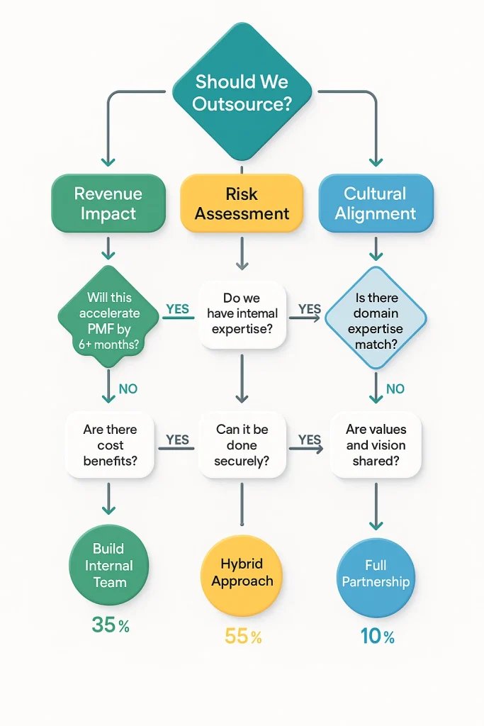 Executive decision tree flowchart for evaluating technical outsourcing partnerships based on revenue impact, risk assessment, and cultural alignment factors