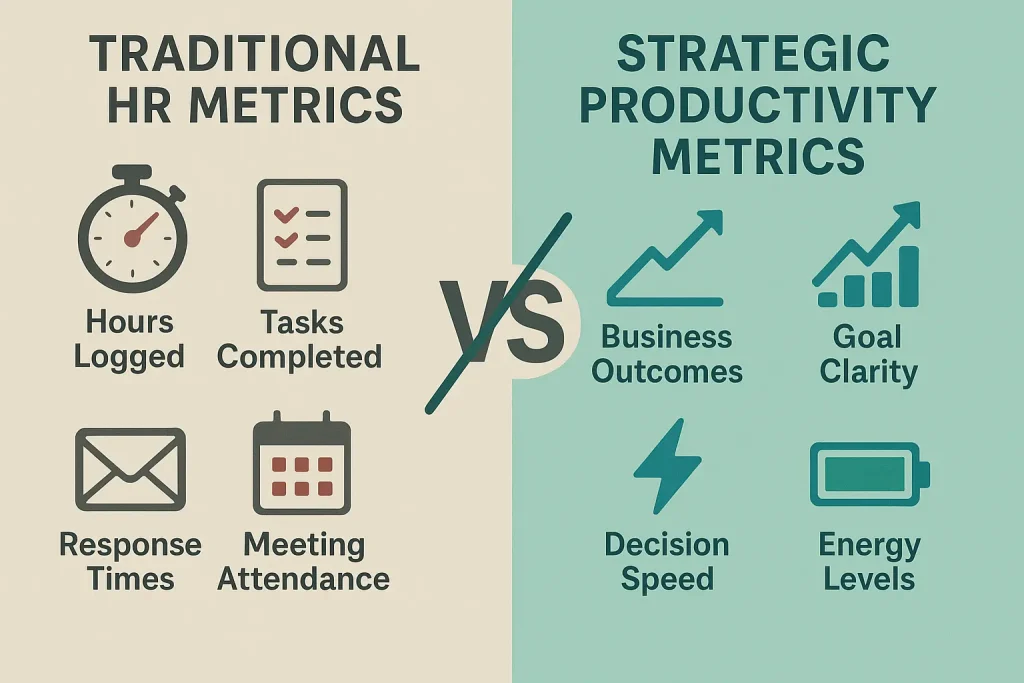 Side-by-side comparison showing traditional HR metrics like hours logged and task completion versus strategic productivity metrics focused on business outcomes and goal alignment