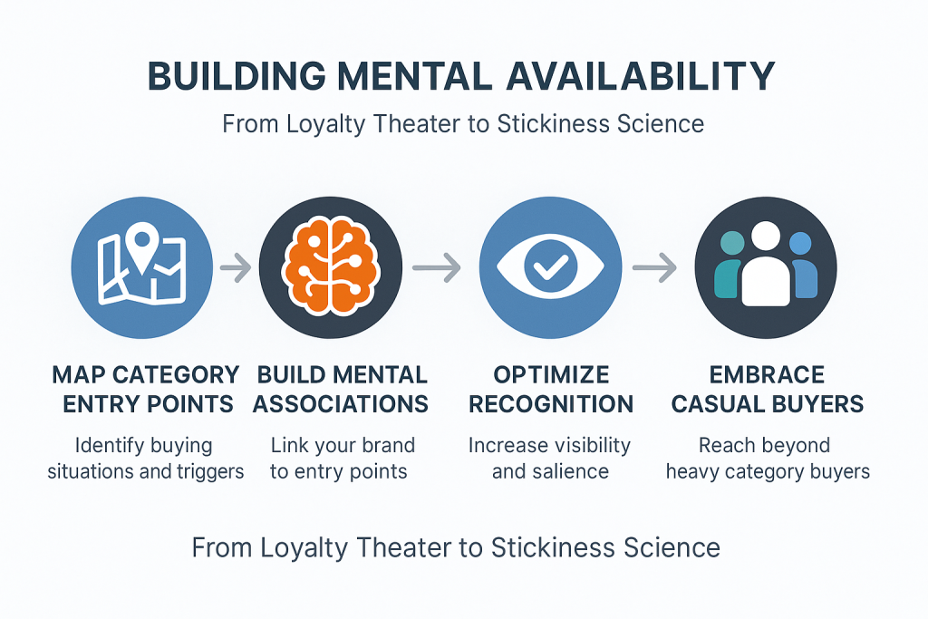Four-step mental availability framework showing the process from mapping category entry points to embracing casual buyers for systematic brand growth