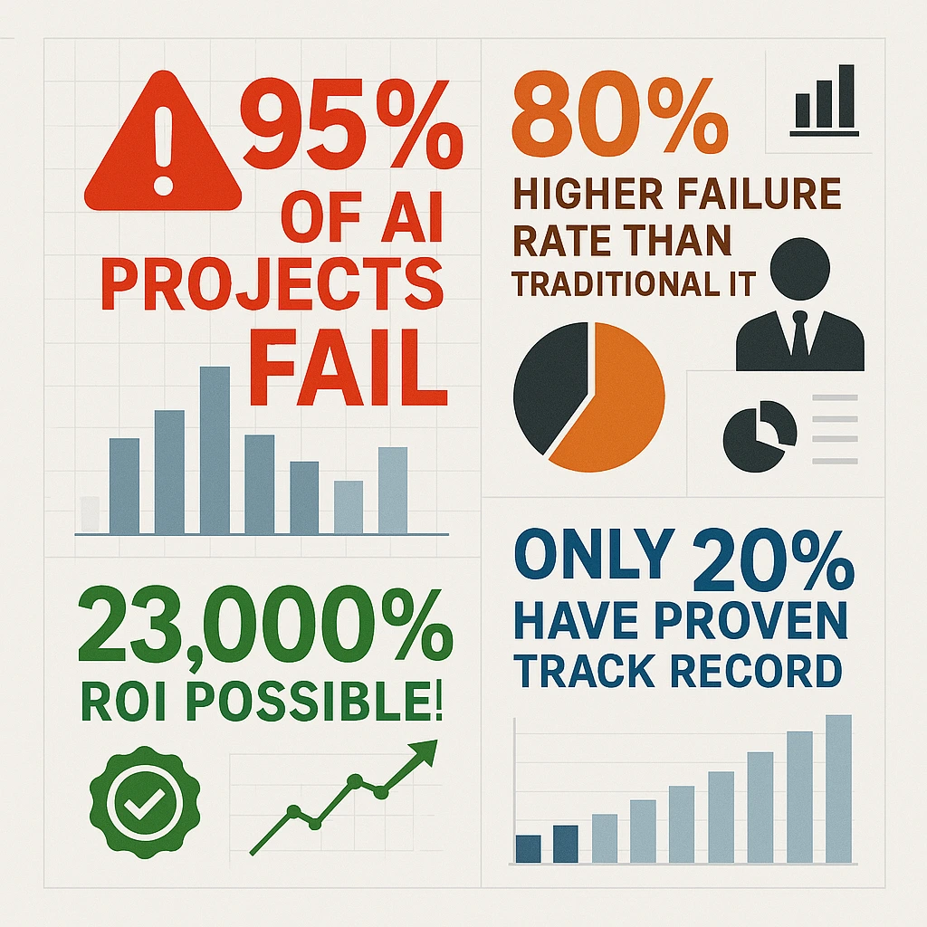Infographic showing 95% AI project failure rate versus successful LEAP framework ROI of 23,000%