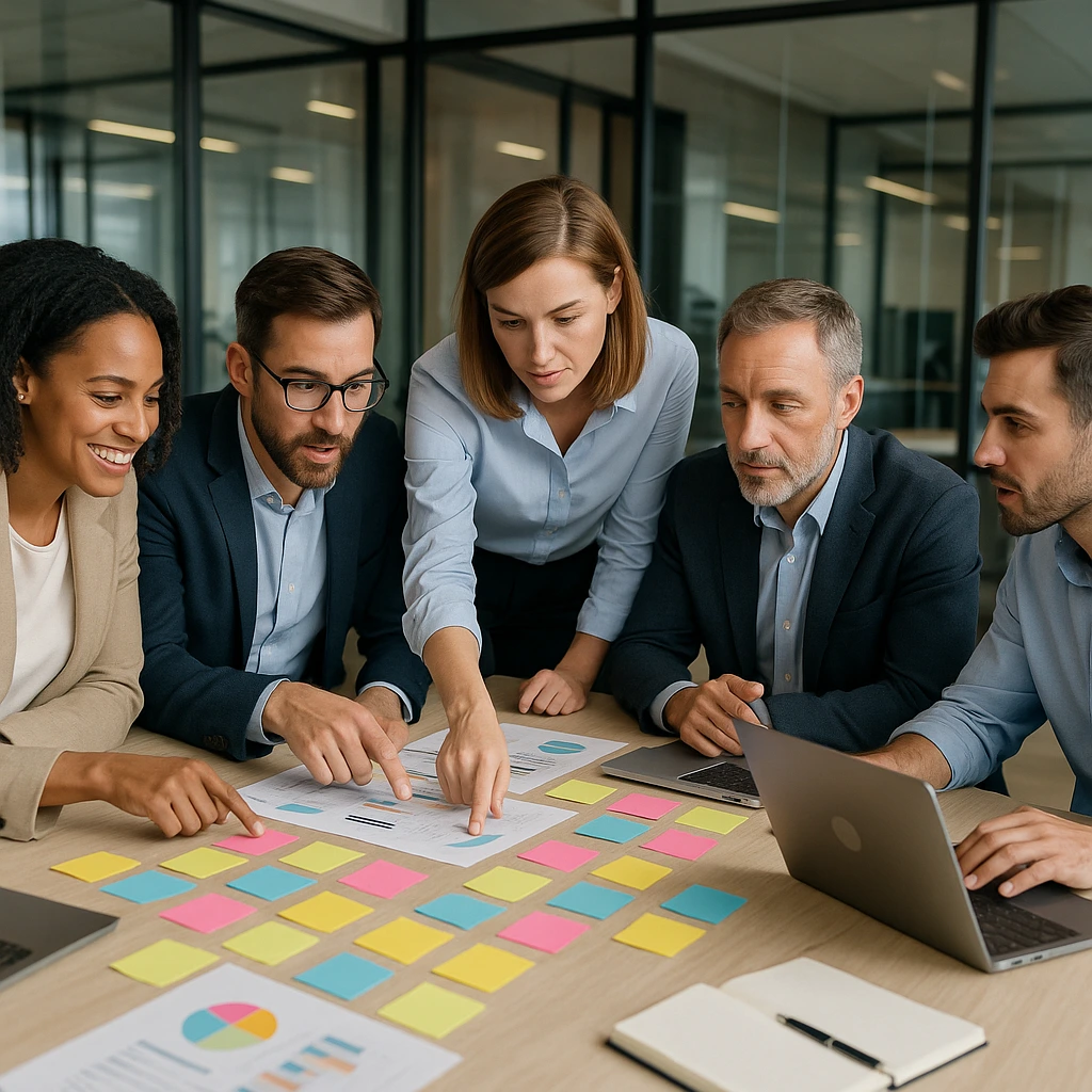 Diverse business team collaborating on AI innovation project using sticky notes and collaborative planning methods
