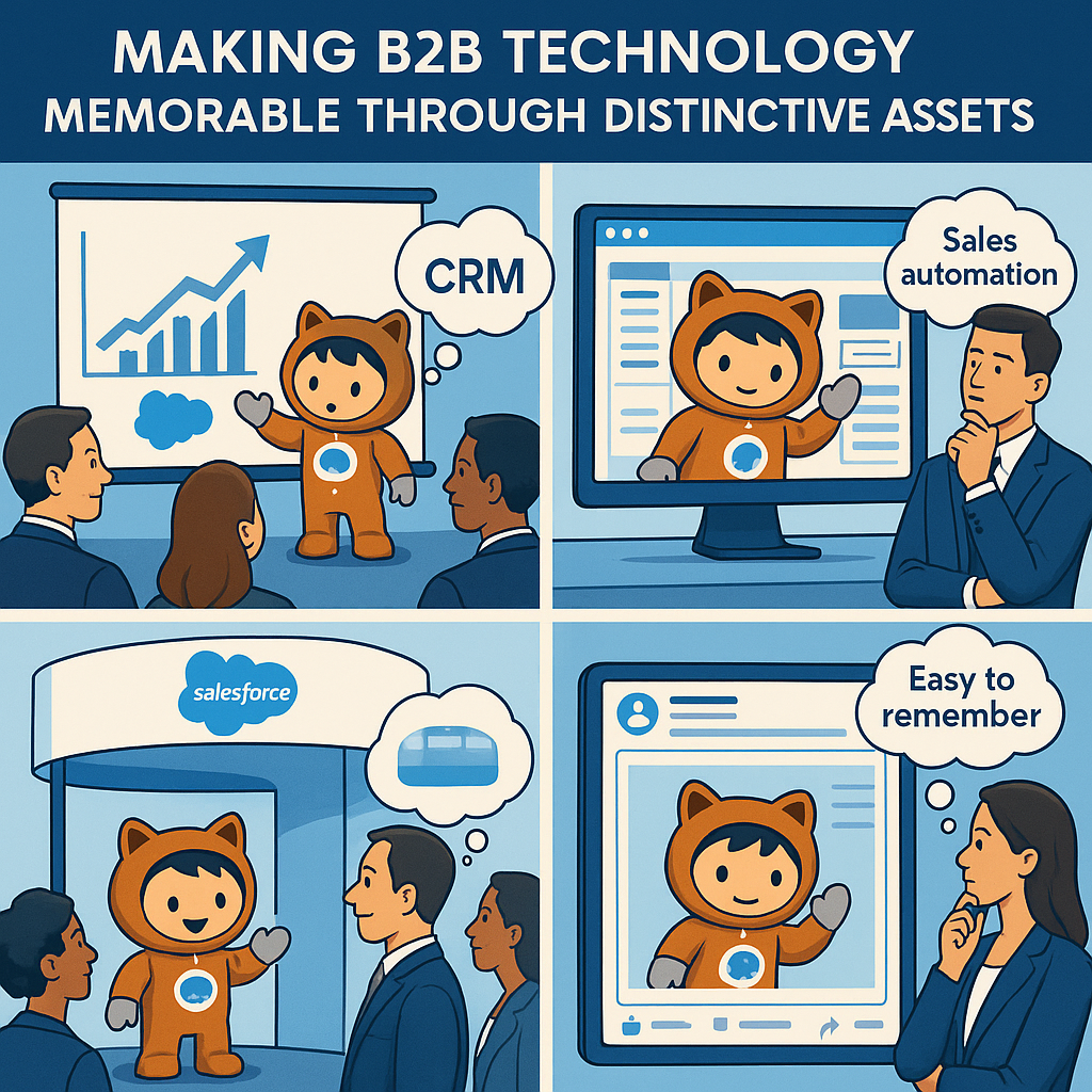 Illustration of Salesforce Astro mascot in various business contexts, demonstrating how distinctive brand assets build mental availability in B2B marketing