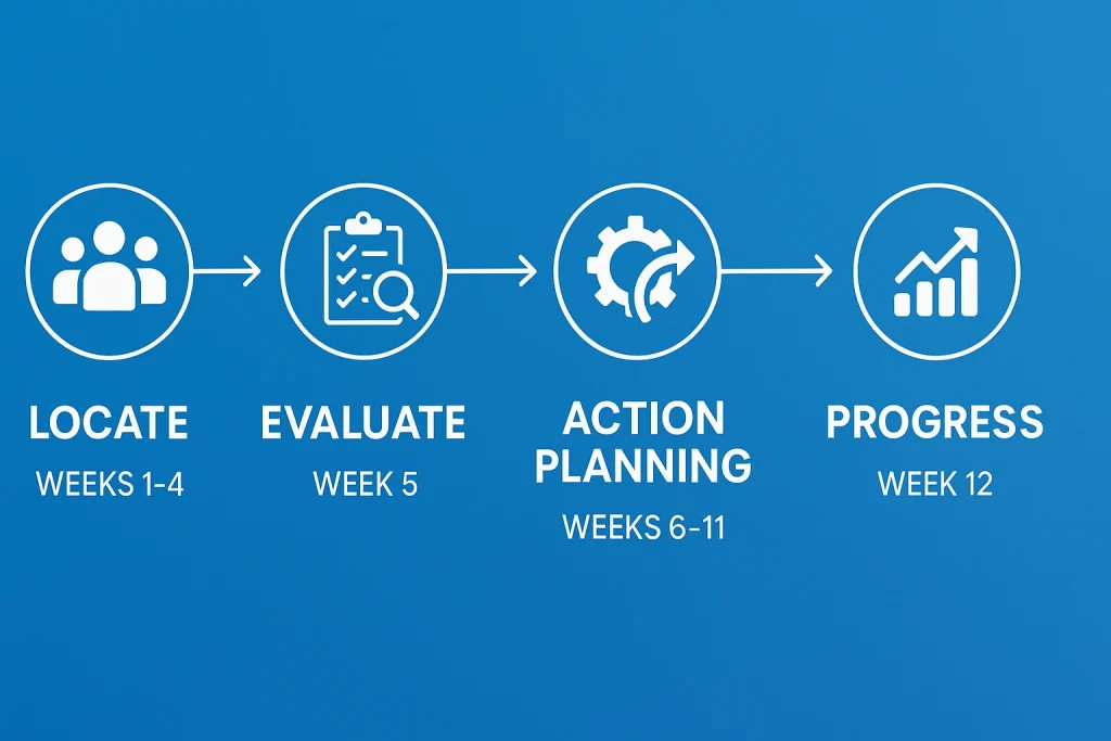 LEAP framework 12-week implementation timeline showing four phases from Locate to Progress