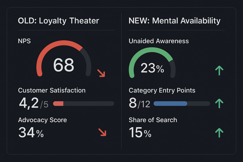 Metrics dashboard comparing traditional loyalty measurements with mental availability KPIs, showing the shift from NPS scores to unaided awareness and category entry points
