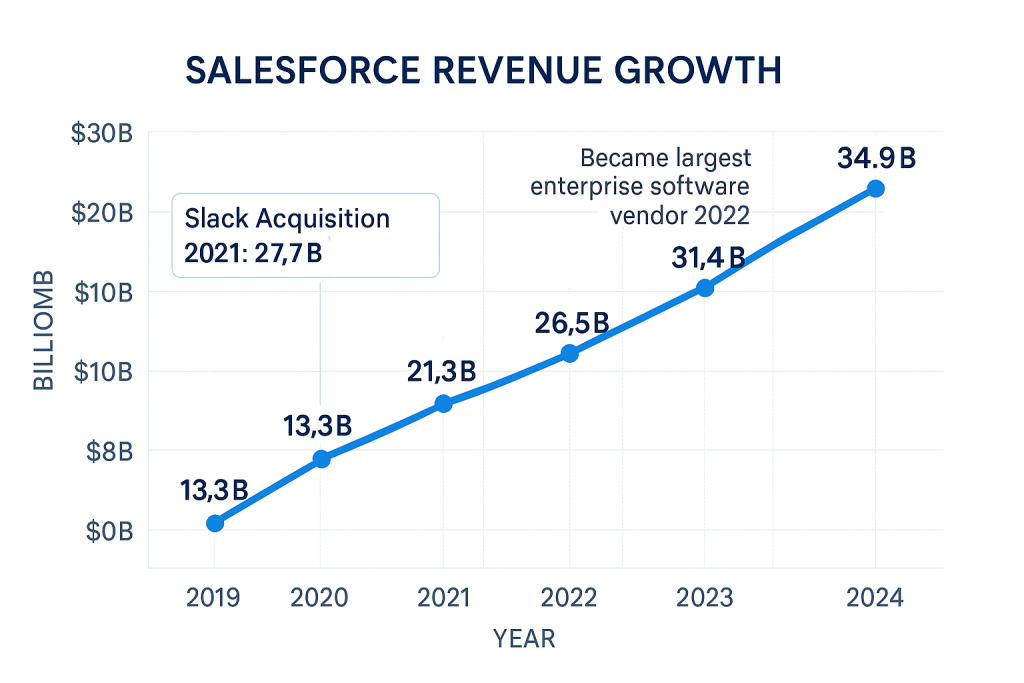Line graph showing Salesforce revenue growth from $13.3 billion in 2019 to $34.9 billion in 2024, demonstrating consistent year-over-year growth with key acquisition milestones marked