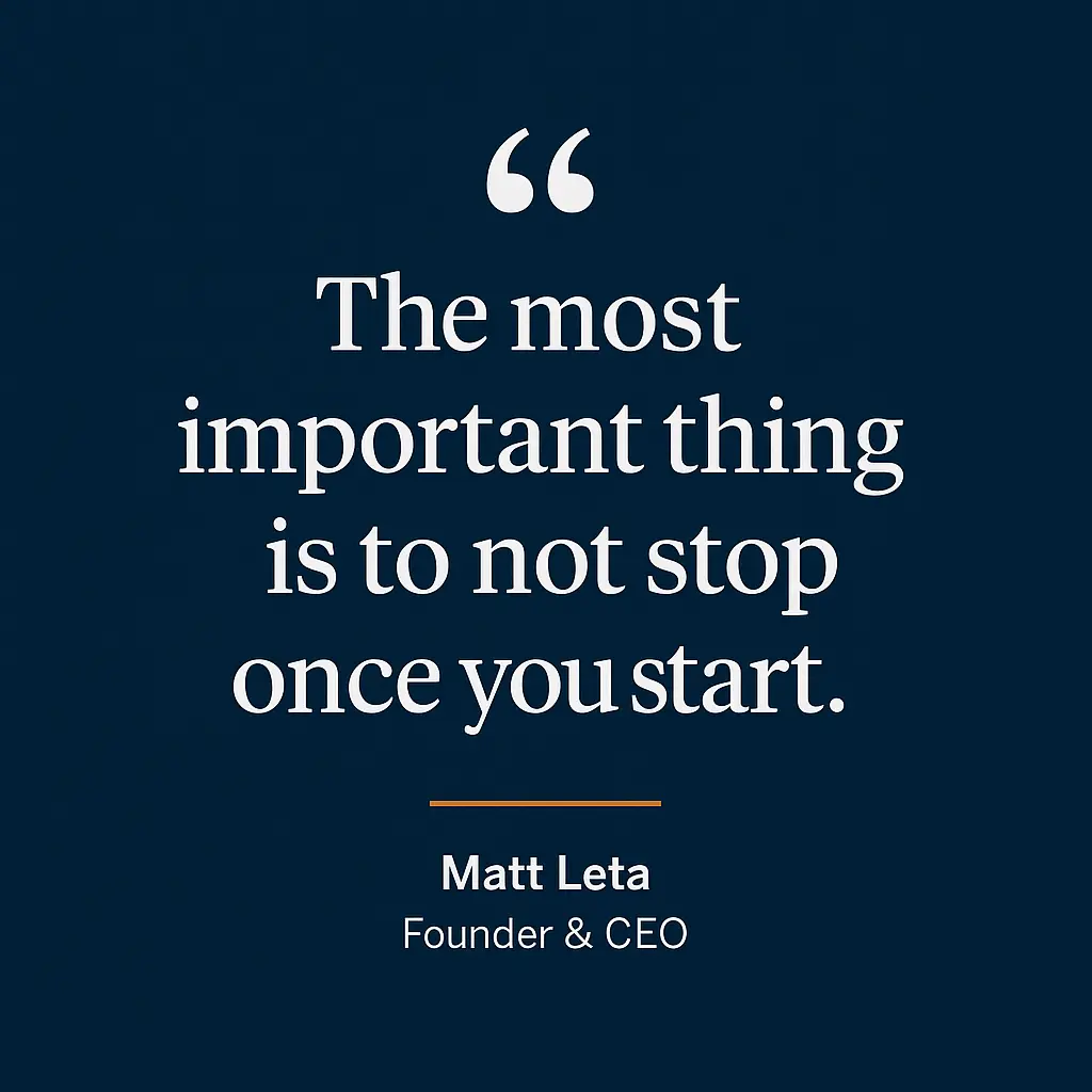 Matt Leta quote emphasizing persistence as critical factor in AI innovation framework success