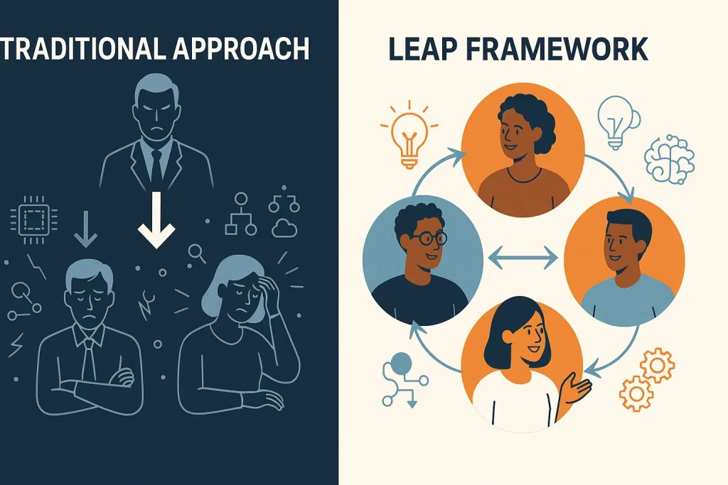 Comparison infographic showing traditional top-down AI implementation versus collaborative LEAP framework approach