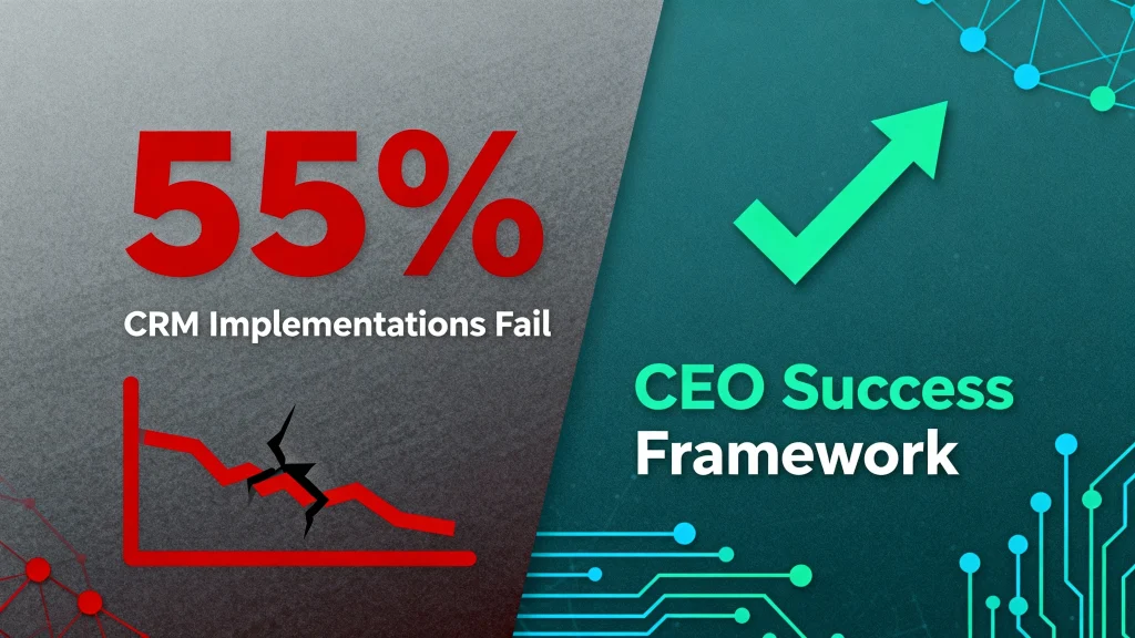 Infographic showing 55% CRM implementation failure rate contrasted with CEO success framework for B2B companies