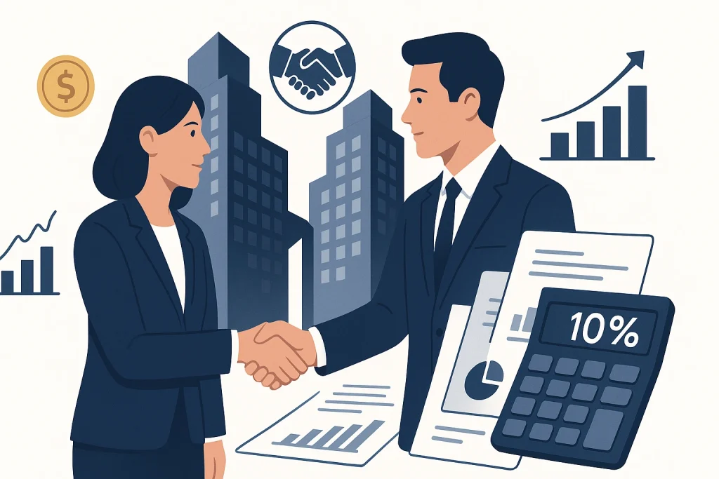 Business acquisition strategy illustration showing handshake with 10 percent down payment structure and merging companies in professional corporate setting