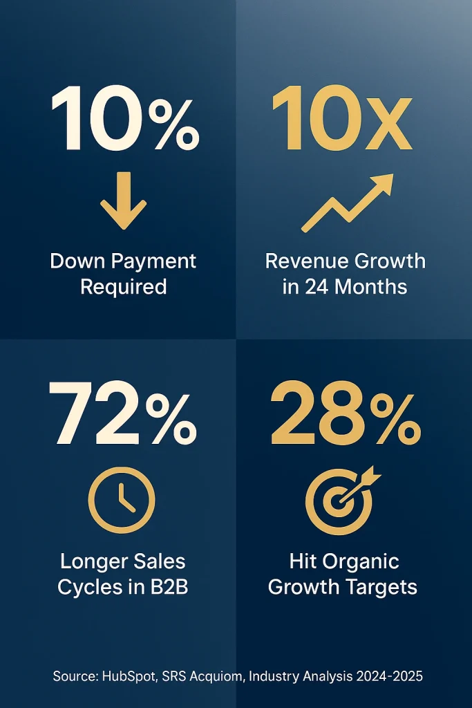 Key business acquisition statistics showing 10 percent down payment requirement, 10x revenue growth potential, 72 percent longer B2B sales cycles, and only 28 percent achieving organic growth targets