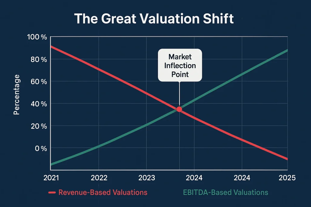 Line graph showing decline in revenue-based business valuations from 75 percent in 2021 to 25 percent in 2025 while EBITDA-based valuations increased from 25 percent to 75 percent