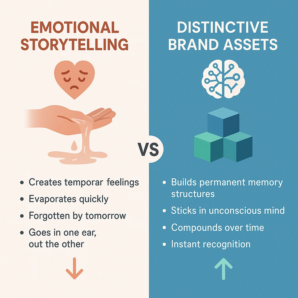 Comparison infographic showing emotional storytelling creates temporary feelings while distinctive brand assets build permanent unconscious associations in B2B buyer psychology