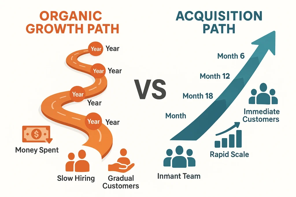 Visual comparison of organic growth path taking 5 to 7 years versus acquisition strategy path achieving results in 1 to 2 years with lower capital requirements