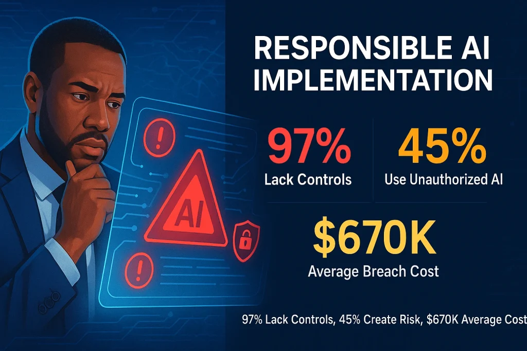 Responsible AI implementation framework showing 97% of organizations lack proper controls, 45% of employees use unauthorized AI tools, and $670,000 average breach cost with business executive reviewing AI governance dashboard
