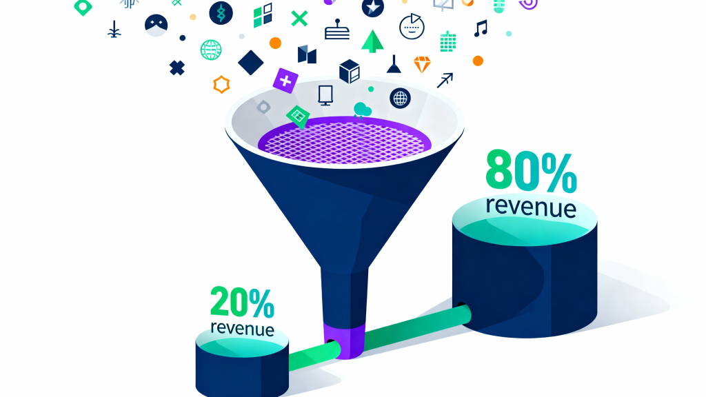 Business funnel diagram illustrating situational ICP targeting where diverse prospects enter based on problem recognition, filtered through problem-solution fit, showing 80% of revenue comes from secondary customers with similar but not exact problem matches versus 20% from primary exact-match customers