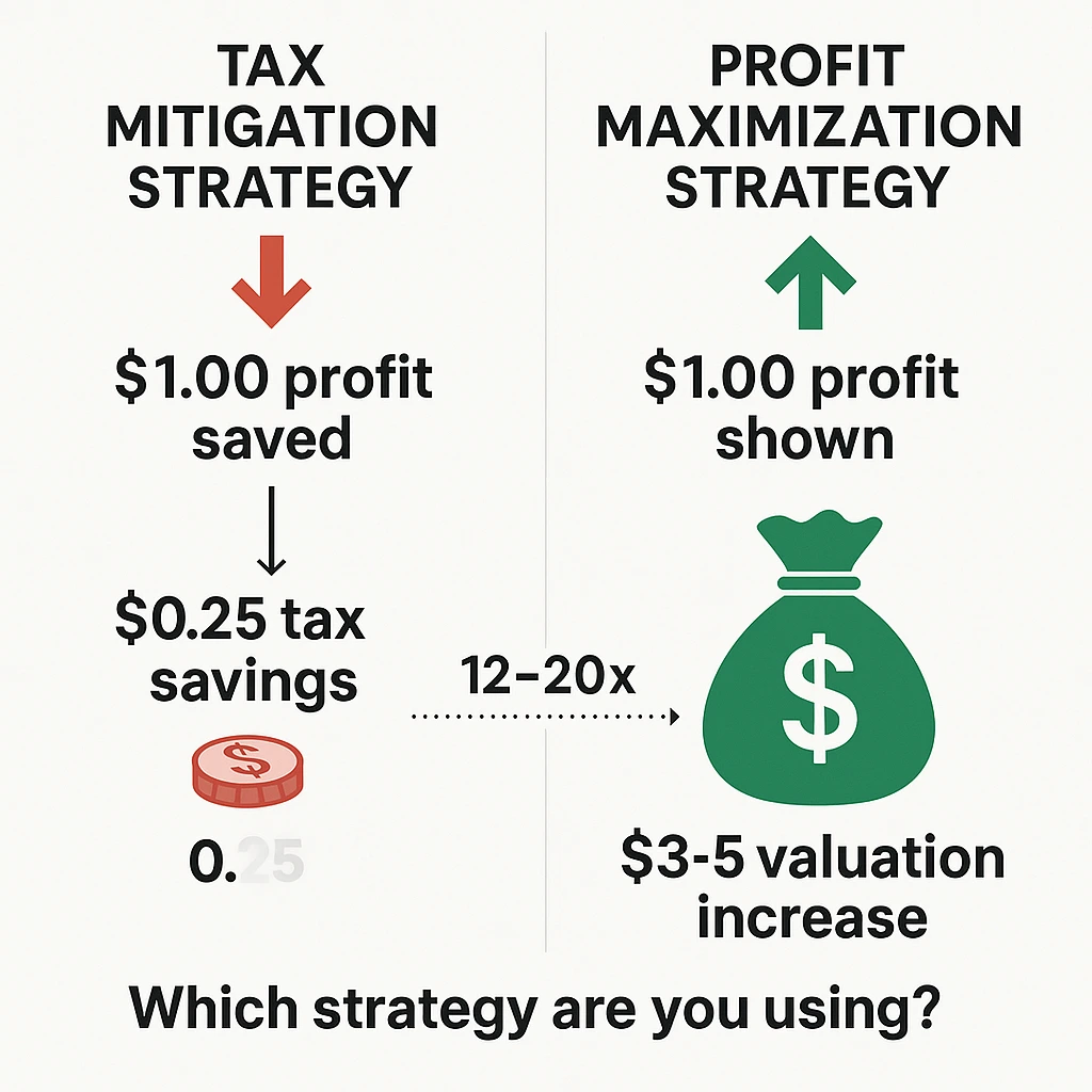 Comparison chart showing tax mitigation saves 25 cents per dollar versus profit maximization adding 3 to 5 dollars per dollar to business valuation