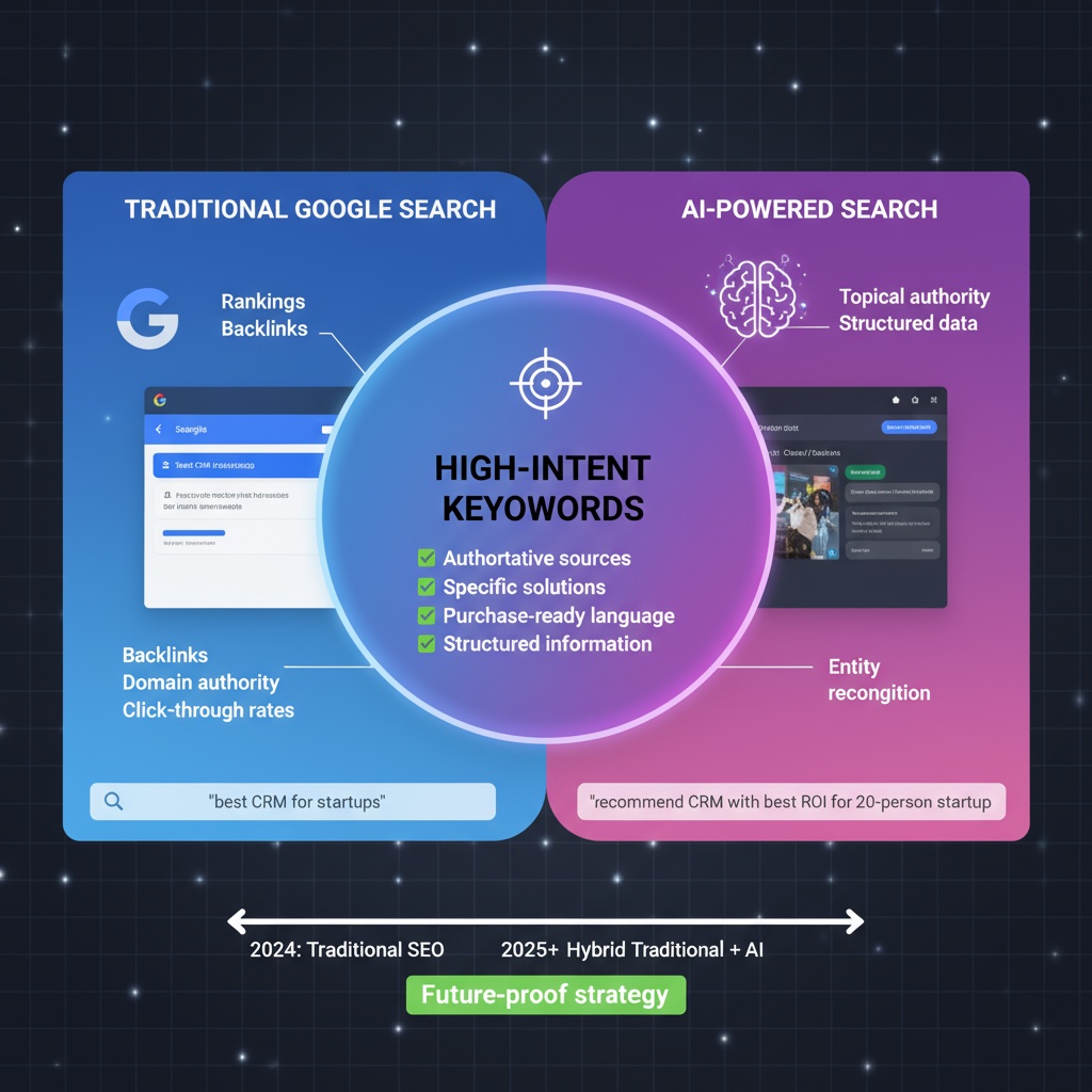 Venn diagram illustrating how bottom of funnel keywords excel in both traditional Google search and AI-powered search engines. The overlap demonstrates that BOFU keywords with high purchase intent, authoritative sources, and structured information dominate both search paradigms, making them a future-proof SEO strategy.