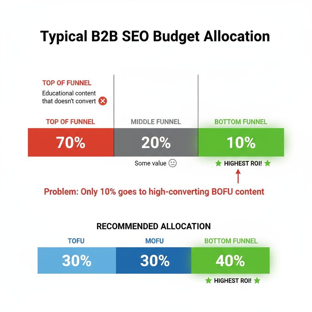 Budget allocation visualization showing typical B2B SEO spending with 70% wasted on top of funnel content that doesn't convert, 20% on middle funnel, and only 10% on bottom of funnel content despite BOFU delivering highest ROI and should receive 40-60% of budget allocation