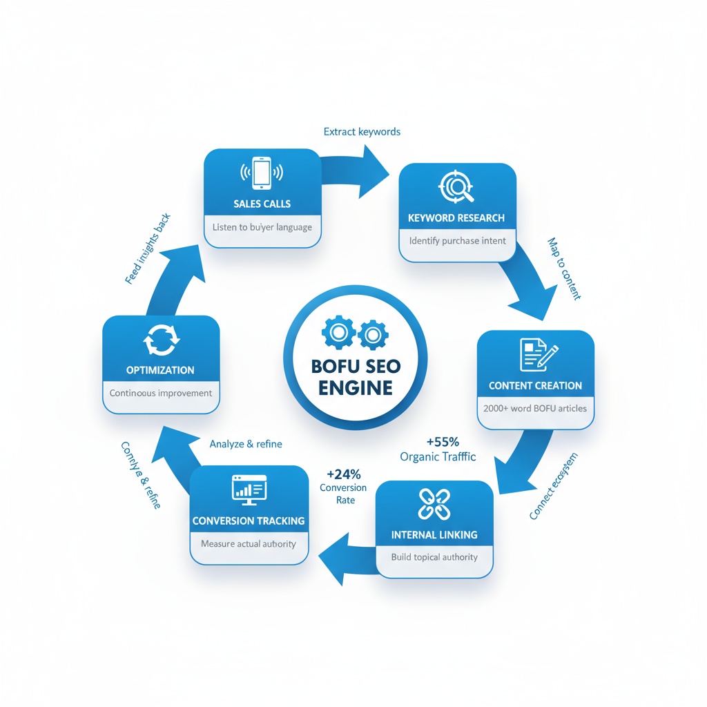Circular process flow diagram illustrating bottom of funnel SEO content architecture system with six connected stages: analyzing sales calls for buyer language, conducting keyword research for purchase intent, creating comprehensive BOFU content, building internal linking for authority, tracking conversions for revenue measurement, and continuous optimization.