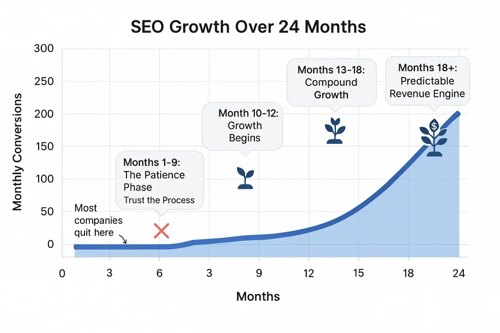 Line graph showing bottom of funnel SEO results over 24 months displaying hockey stick growth pattern. Flat growth during months 1-9 labeled as patience phase, followed by exponential growth from months 10-24, demonstrating the importance of long-term commitment to SEO strategy.