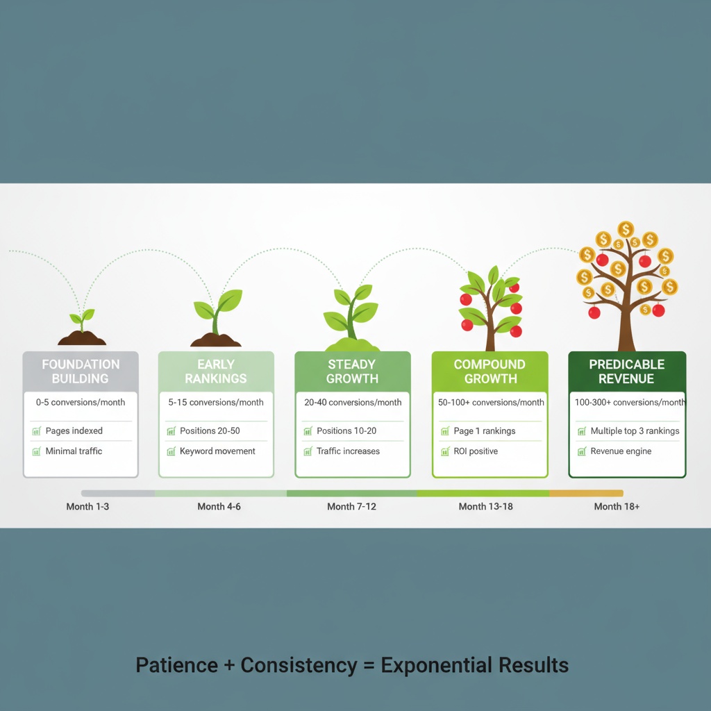 Timeline infographic showing bottom of funnel SEO results progression from months 1-3 with minimal results through months 18+ with predictable revenue, visualized as a seed growing into a money tree with conversion benchmarks at each growth stage.