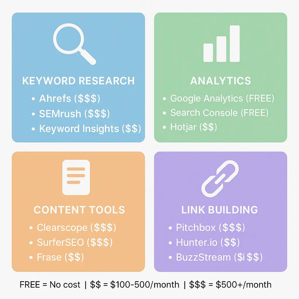 Four-quadrant tools ecosystem map for bottom of funnel SEO showing recommended platforms organized by category: keyword research tools including Ahrefs and SEMrush, analytics and tracking tools like Google Analytics 4 and Hotjar, content optimization platforms such as Clearscope and SurferSEO, and link building tools including Pitchbox and Hunter.io.