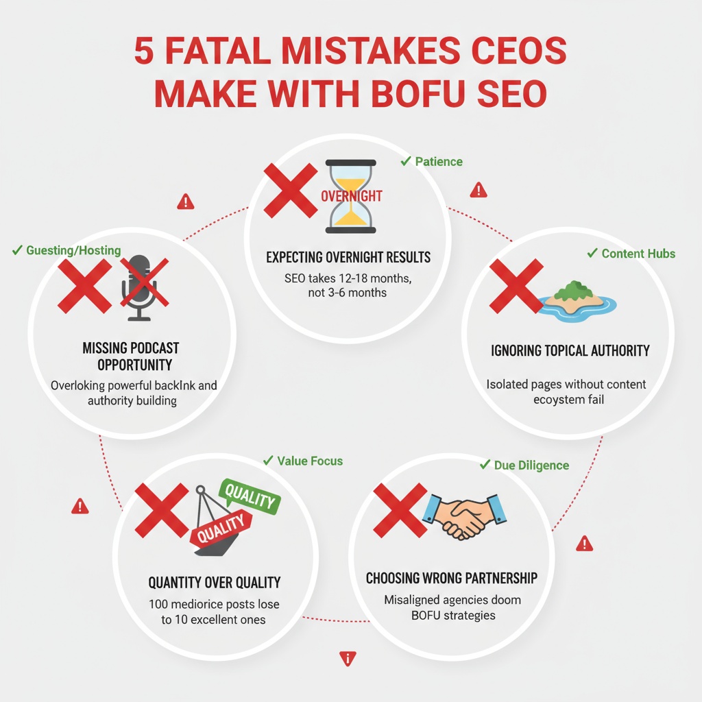 Infographic displaying five fatal mistakes CEOs make with bottom of funnel SEO: expecting overnight results instead of 12-18 month timelines, ignoring topical authority building, choosing wrong agency partnerships, prioritizing content quantity over quality, and missing podcast opportunities for authority building.