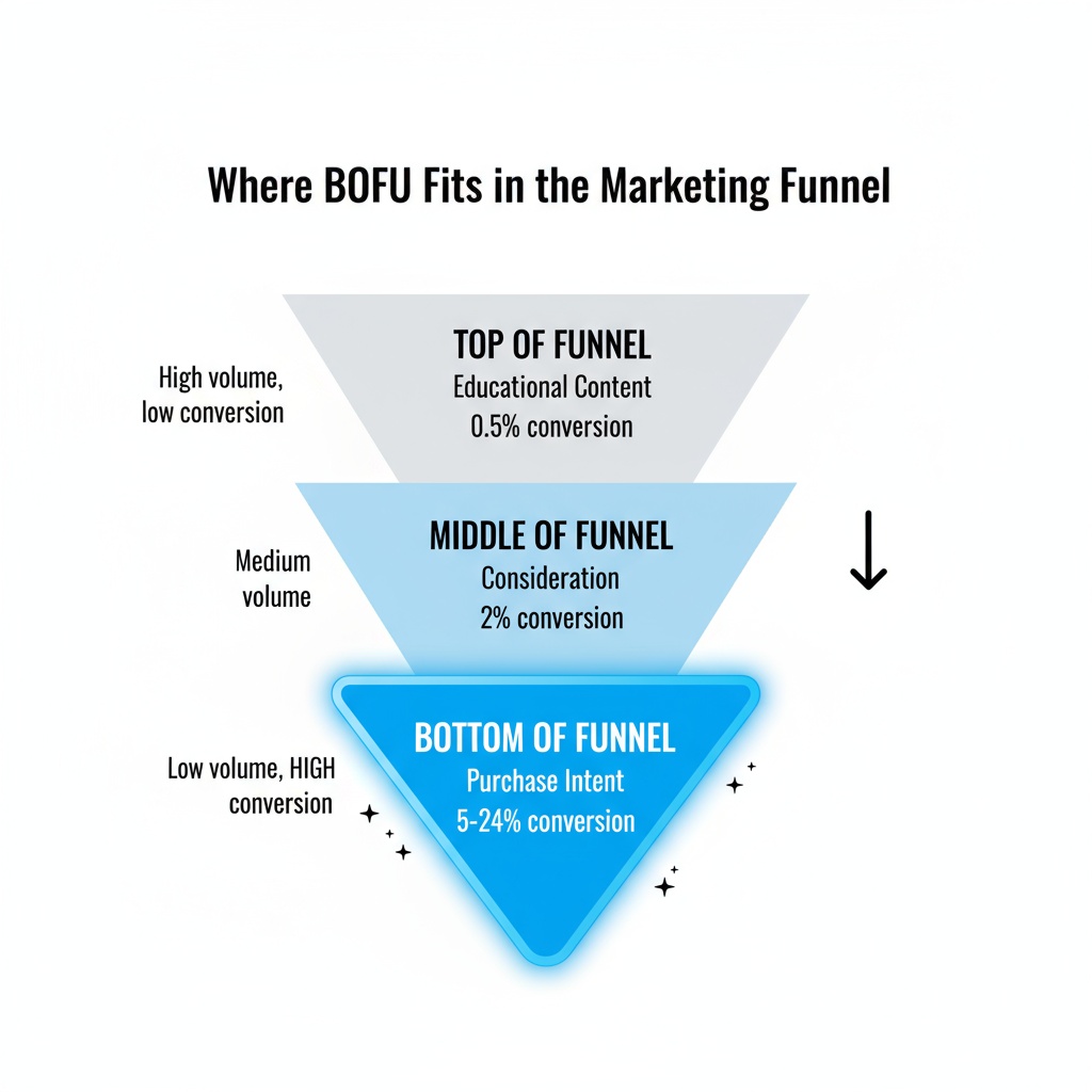 Marketing funnel diagram highlighting bottom of funnel stage with three levels: top of funnel for educational content converting at 0.5%, middle of funnel for consideration converting at 2%, and bottom of funnel for purchase intent converting at 5-24% with highest revenue potential.