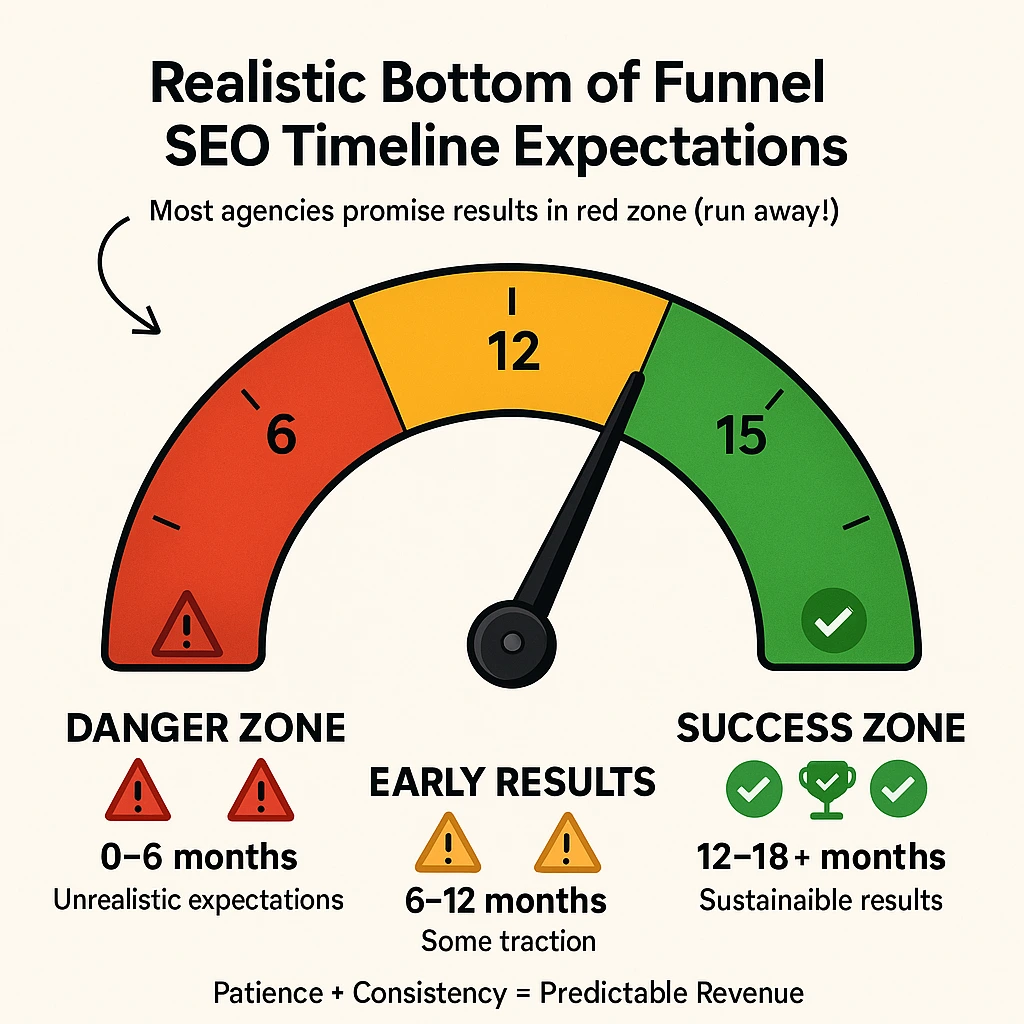 Gauge chart illustrating realistic bottom of funnel SEO timeline expectations with red danger zone for 0-6 month promises, yellow zone for 6-12 month early results, and green success zone for 12-18+ month sustainable outcomes, emphasizing that promises of quick results are red flags.