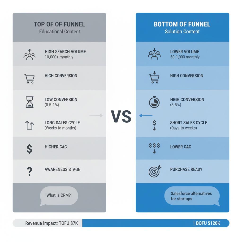 Side-by-side comparison infographic contrasting top of funnel and bottom of funnel SEO strategies. TOFU shows high search volume with low conversion rates and longer sales cycles, while BOFU demonstrates lower volume with significantly higher conversion rates, shorter sales cycles, and greater revenue impact.