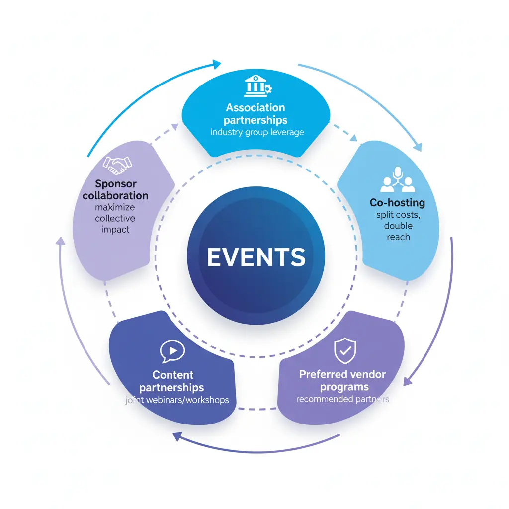 B2B event partnership models diagram showing co-hosting sponsorship content partnerships and association collaborations around central event strategy