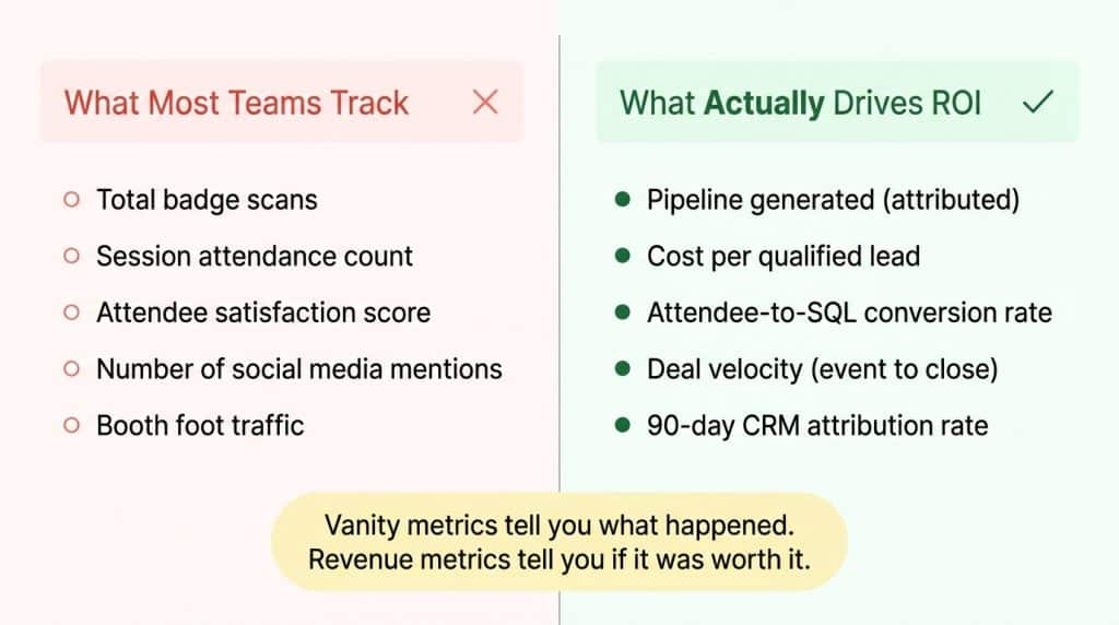 Two-column comparison showing vanity event metrics (badge scans, attendance counts) on the left versus revenue metrics that drive ROI (pipeline generated, cost per qualified lead, deal velocity) on the right