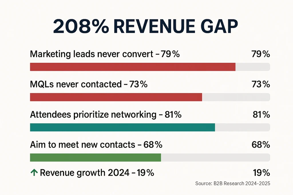 B2B networking ROI statistics showing 208% revenue gap between aligned and misaligned teams