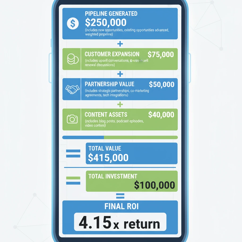 Comprehensive B2B event ROI calculation formula showing pipeline generated plus customer expansion plus partnership value plus content assets divided by total investment