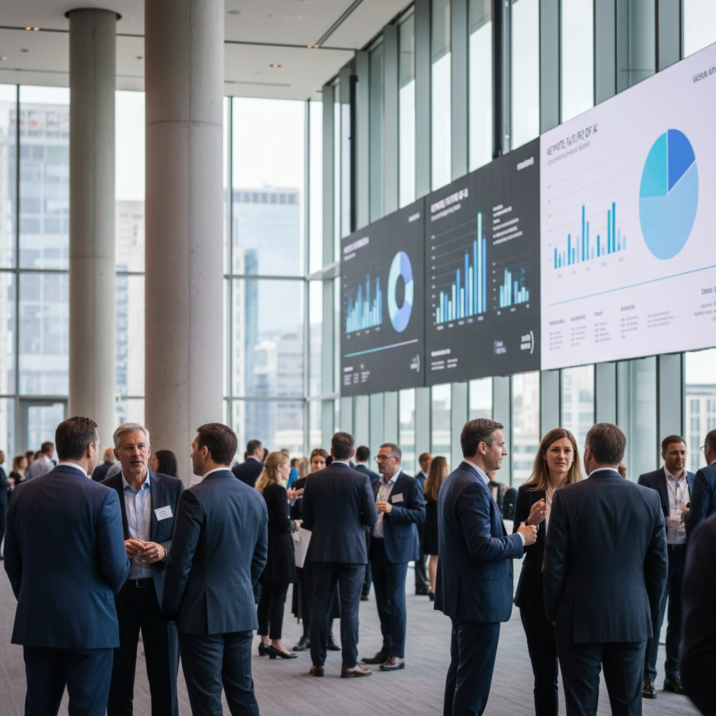 Modern B2B tech conference with Fortune 500 executives networking using event management technology and digital displays