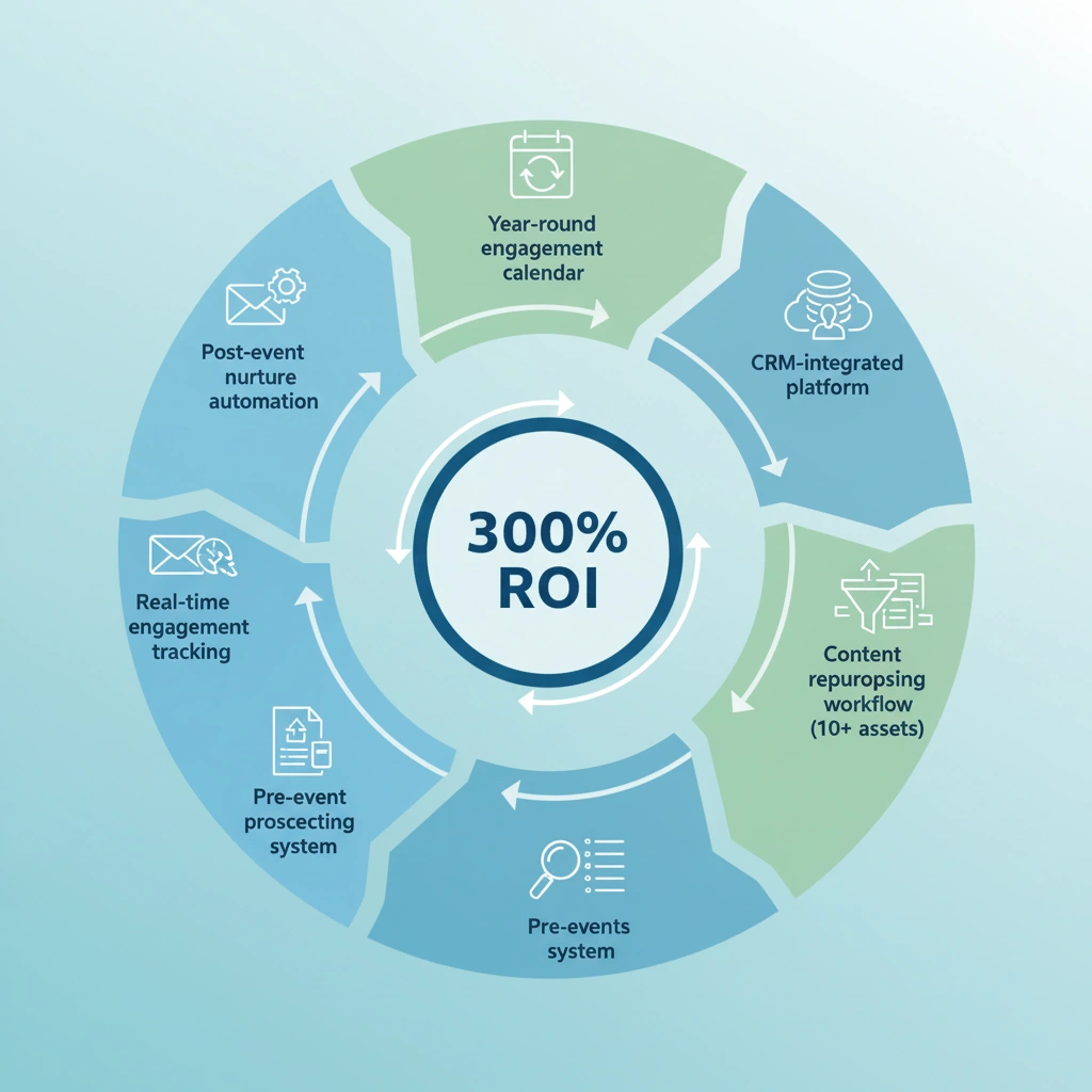 Seven critical components of 300 percent B2B event ROI including year-round engagement CRM integration and content repurposing workflow