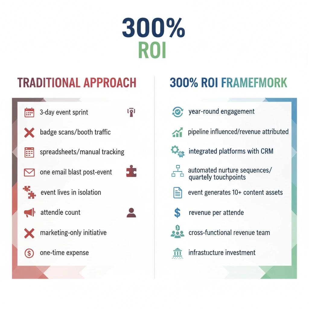 Comparison infographic showing traditional B2B event strategy versus 300 percent ROI framework with year-round engagement and CRM integration