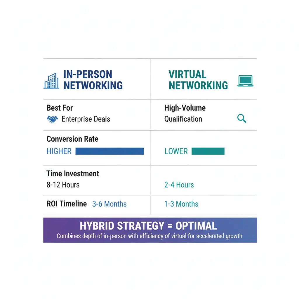 Comparison chart showing virtual networking versus in-person networking strategies for B2B companies