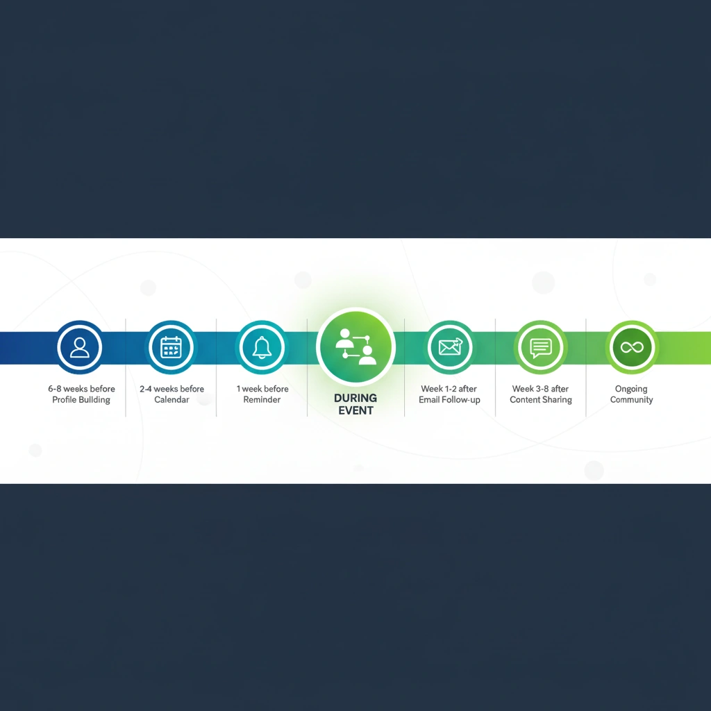 Year-round B2B event engagement timeline showing seven phases from six weeks before event through ongoing relationship nurturing