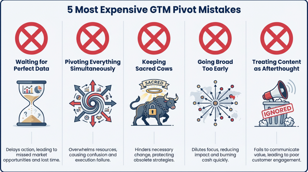 Diagram showing the 5 most expensive go-to-market pivot mistakes B2B startups make: waiting for perfect data, pivoting everything simultaneously, keeping sacred cows, going broad too early, treating content as afterthought