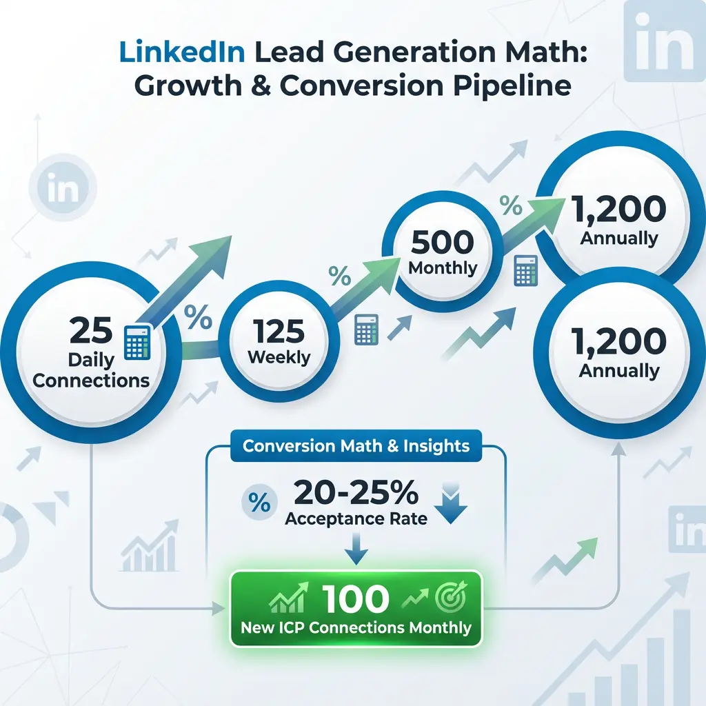 Flowchart visualization showing 25 daily LinkedIn connection requests converting to 125 weekly, 500 monthly, and 1,200 annual connections with 20-25% acceptance rate yielding 100 monthly ICP connections