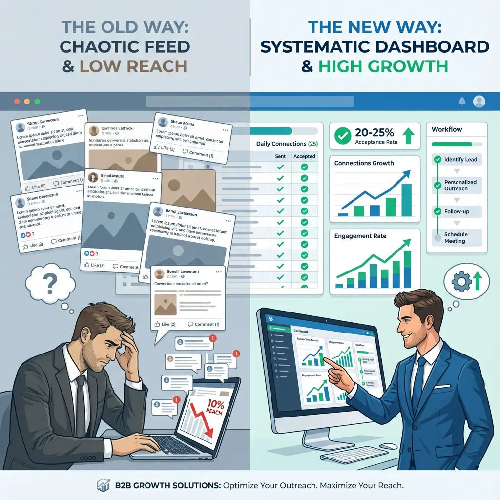 Split-screen comparison showing cluttered ineffective LinkedIn feed with low engagement on left versus Colin Hirdman's systematic revenue-first framework with organized tracking dashboard on right