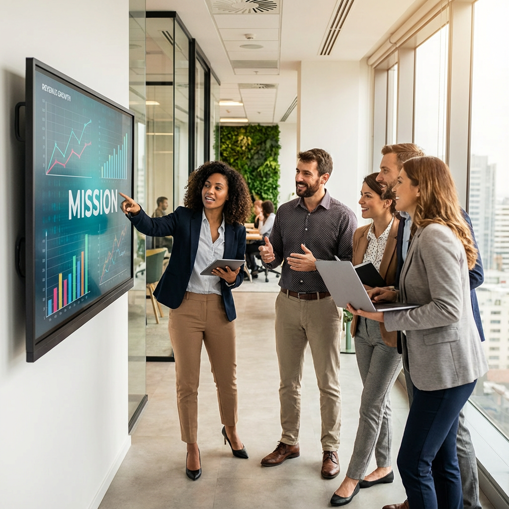 Diverse sales team collaborating around digital dashboard showing growth metrics and mission alignment in modern office setting