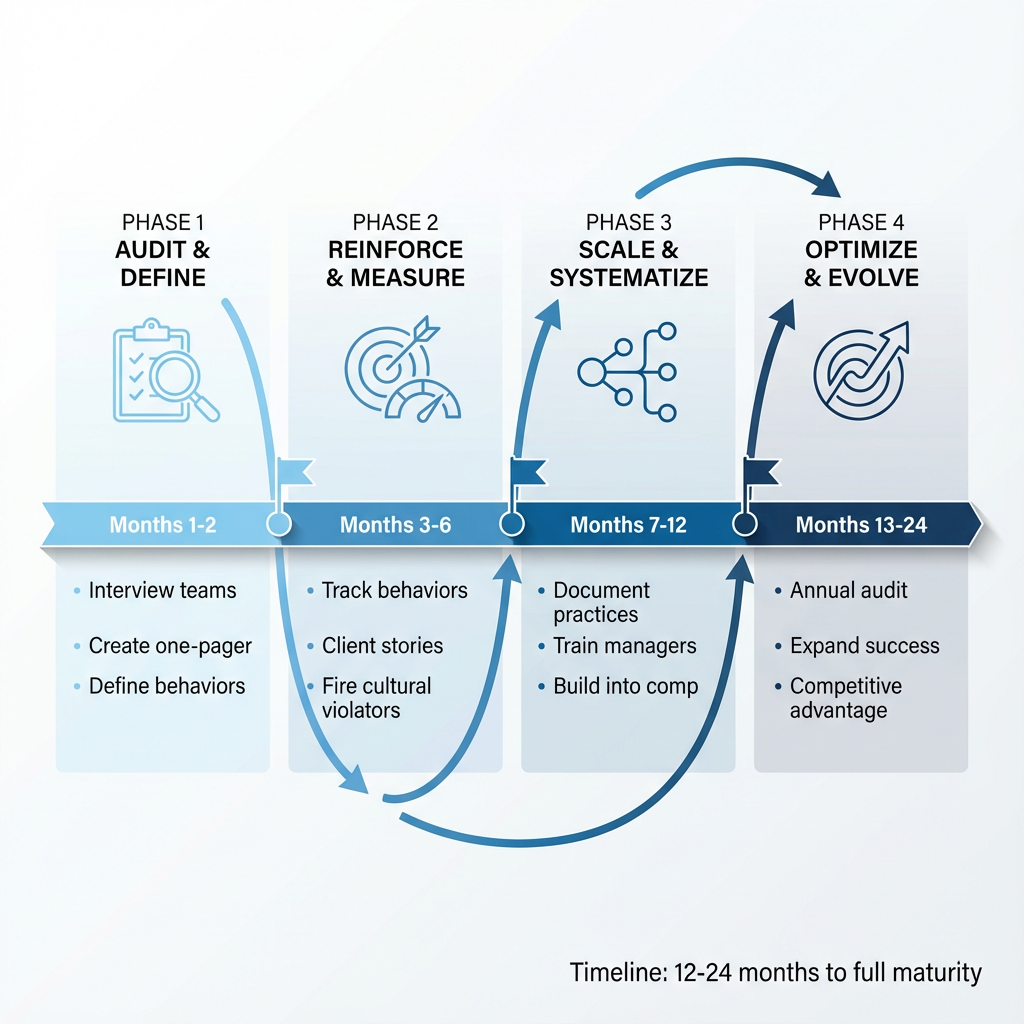 Timeline showing 12-month implementation roadmap for mission-driven sales culture from audit and define through scale and systematize