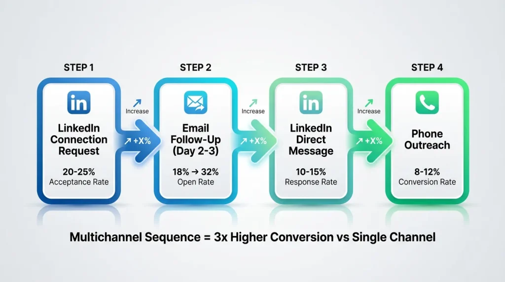 Flowchart showing multichannel B2B outreach sequence from LinkedIn connection to phone call with conversion rates at each stage achieving 3x better results