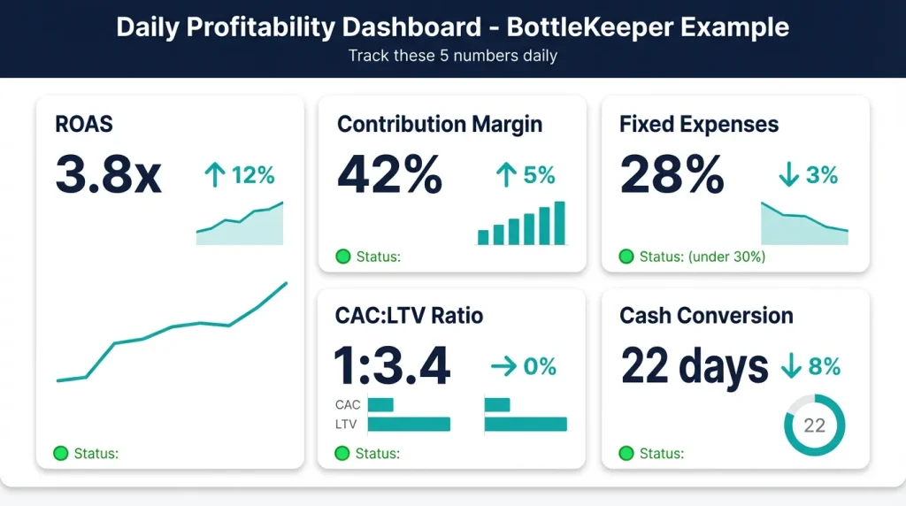 Business dashboard displaying critical profitability metrics including ROAS, CAC, and contribution margin with trend indicators